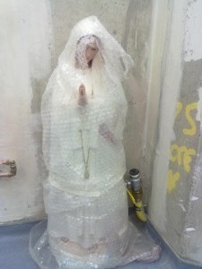 Bubble-wrapped statue of the Virgin Mary. Photo by Eoin O'Mahony. 