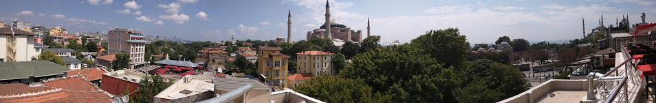 The Historic Penisula, with the Hagia Sophia (middle) and the Blue Mosque (far right).